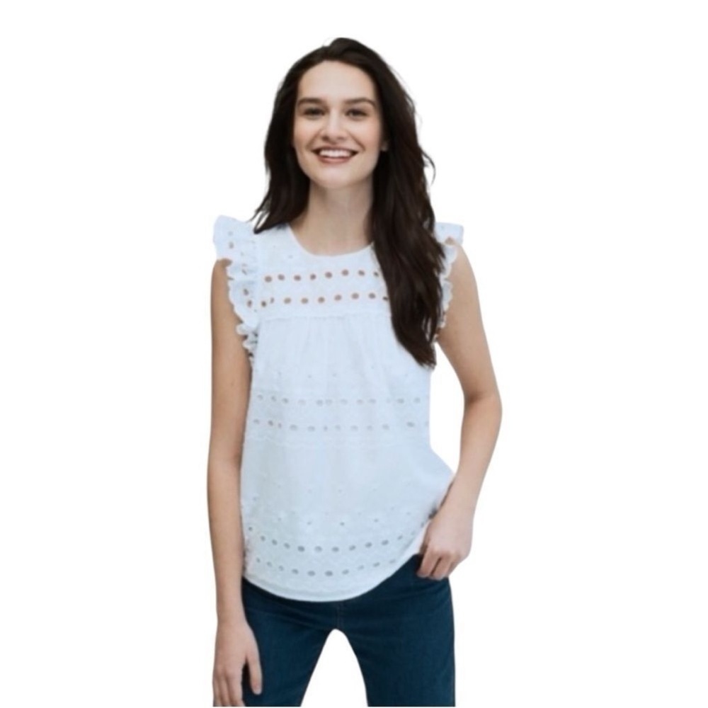 Kate Spade White Eyelet Ruffle Babydoll Shell Top Size X-Large 100% Cotton NWT